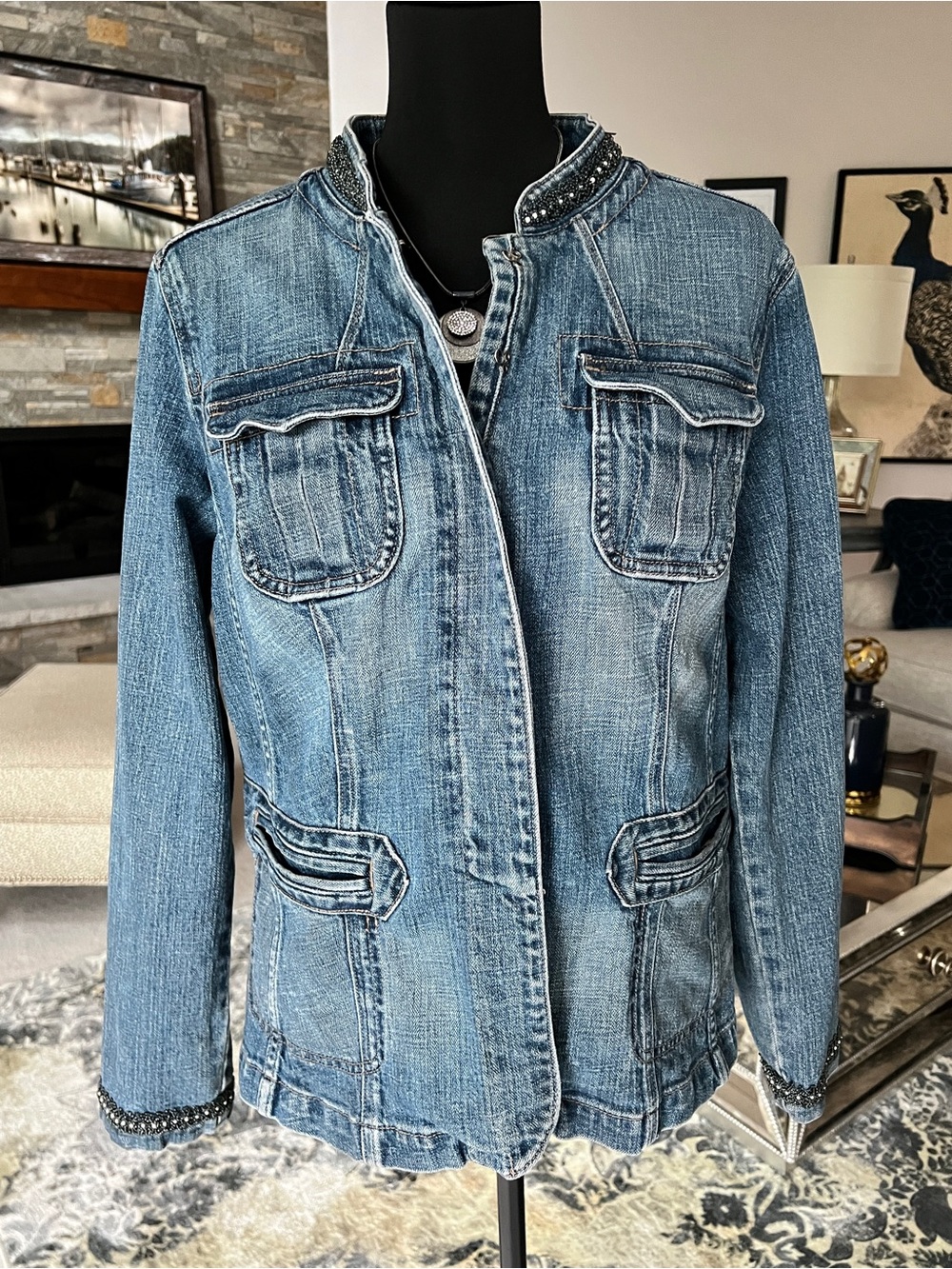 Washed Blue Denim Jacket with Bead-Trim Stand Collar - Picture 13 of 15
